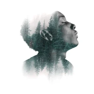 Abstract double exposure portrait with forest overlay