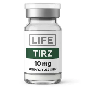 Tirzepatide 10 mg lyophilized peptide vial labeled Life Peptide