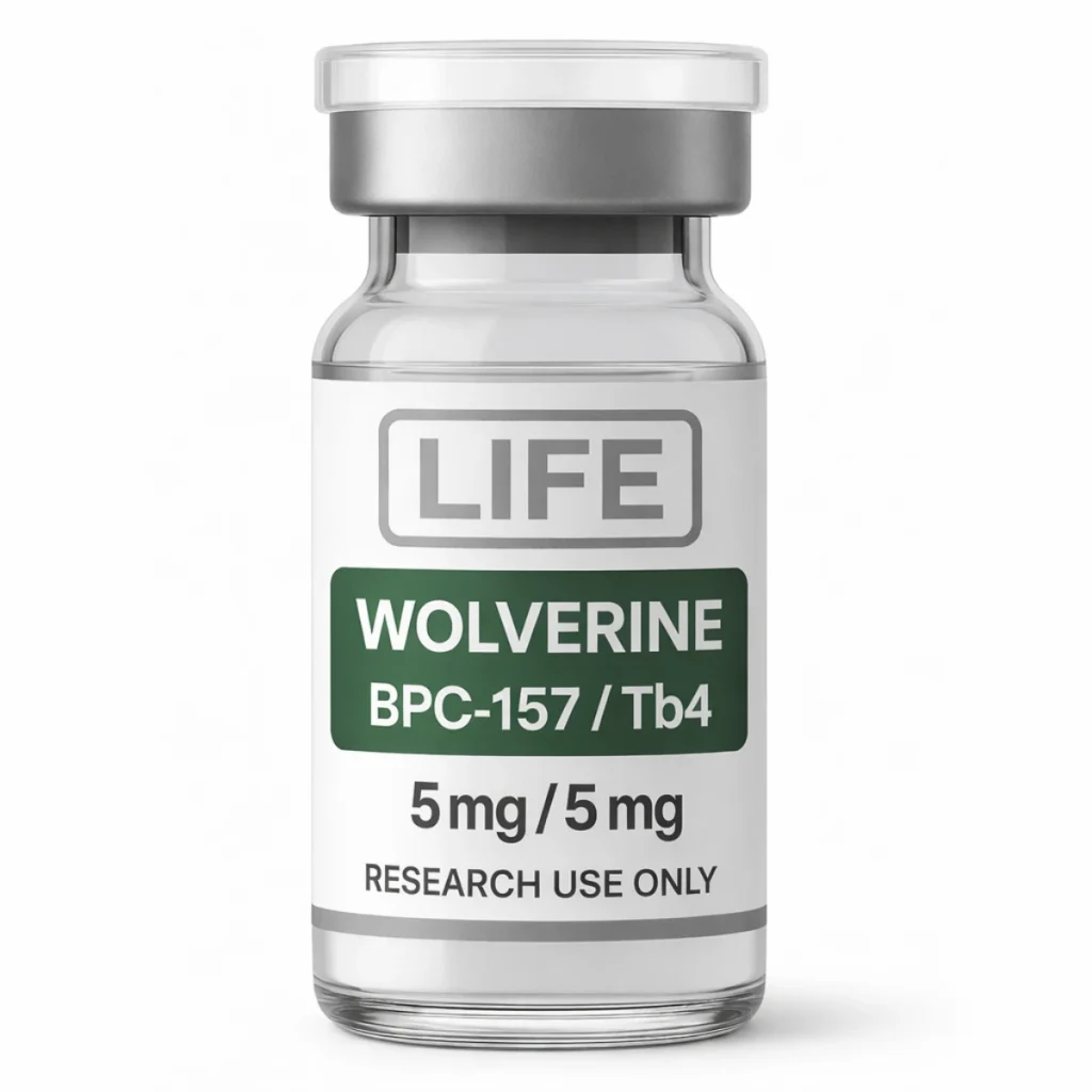 Kaufen Sie eine Ampulle mit gefriergetrocknetem Peptid der Wolverine-Mischung (BPC-157 / 5 mg + Tb4 / 5 mg) bei Life Peptide