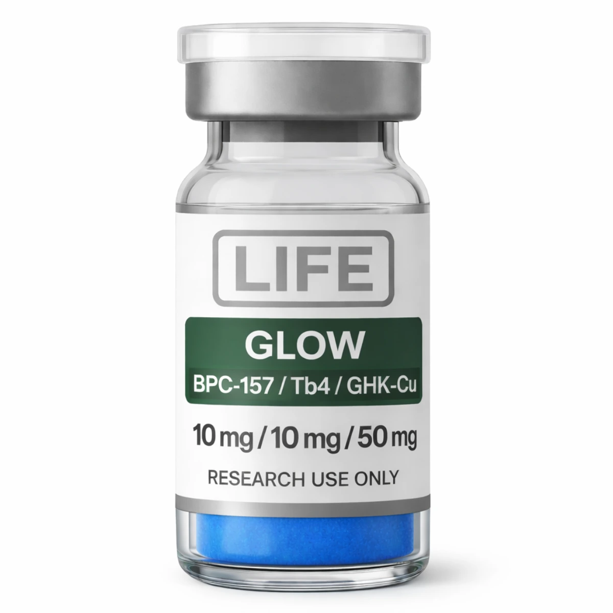 Glow blend (BPC-157 / 10 mg + Tb4 / 10 mg + GHK-Cu 50 mg) lyophilized peptide vial labeled Life Peptide