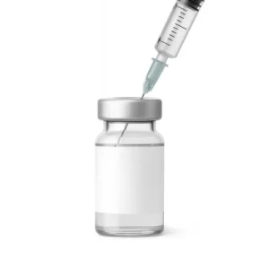 Peptide fial and syringe representing solutions and supplies for peptide research
