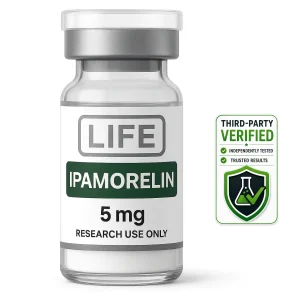 Ipamorelin 5 mg research peptide vial with third-party verified independent testing badge.