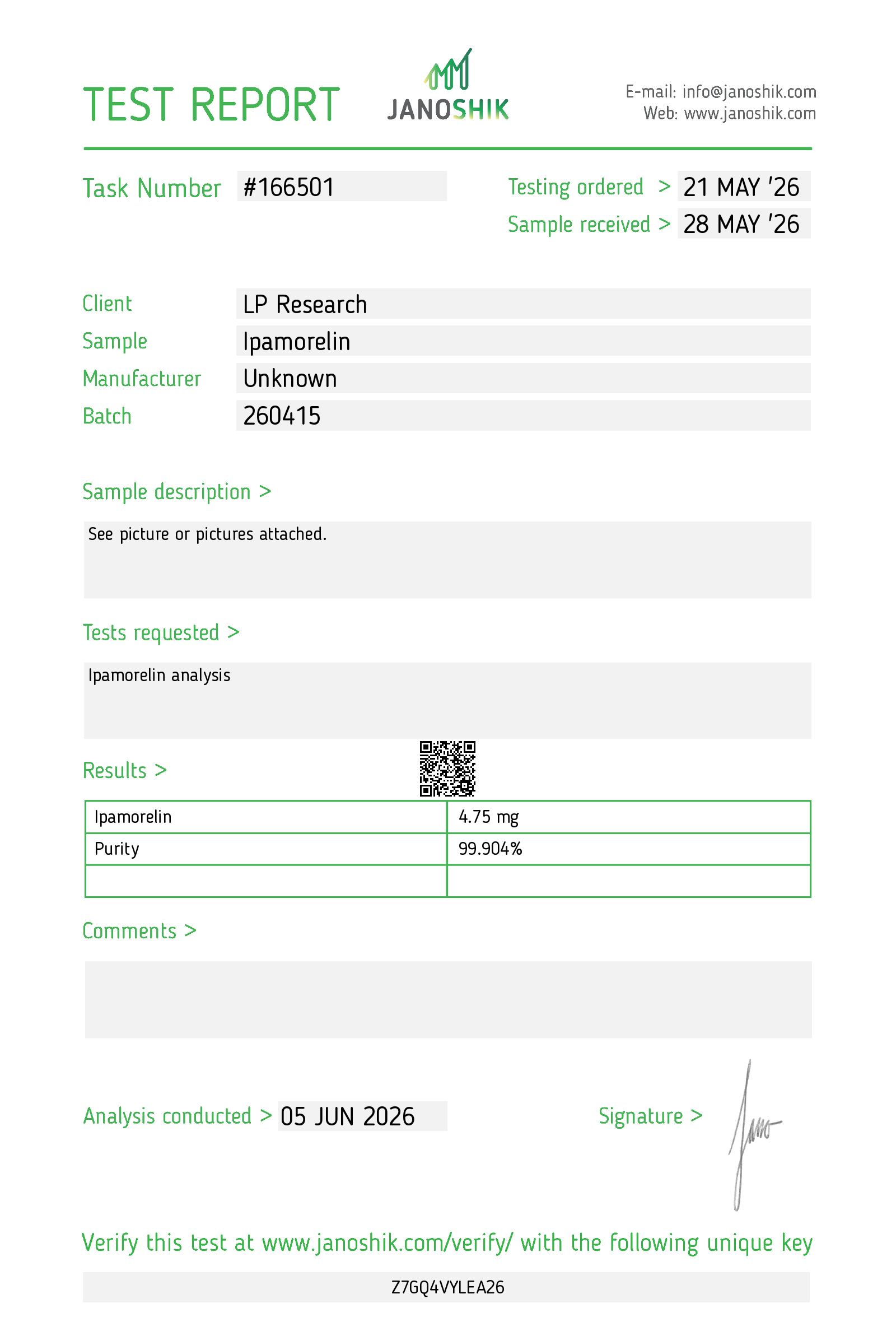 Ipamorelin independent Janoshik COA with purity percentage