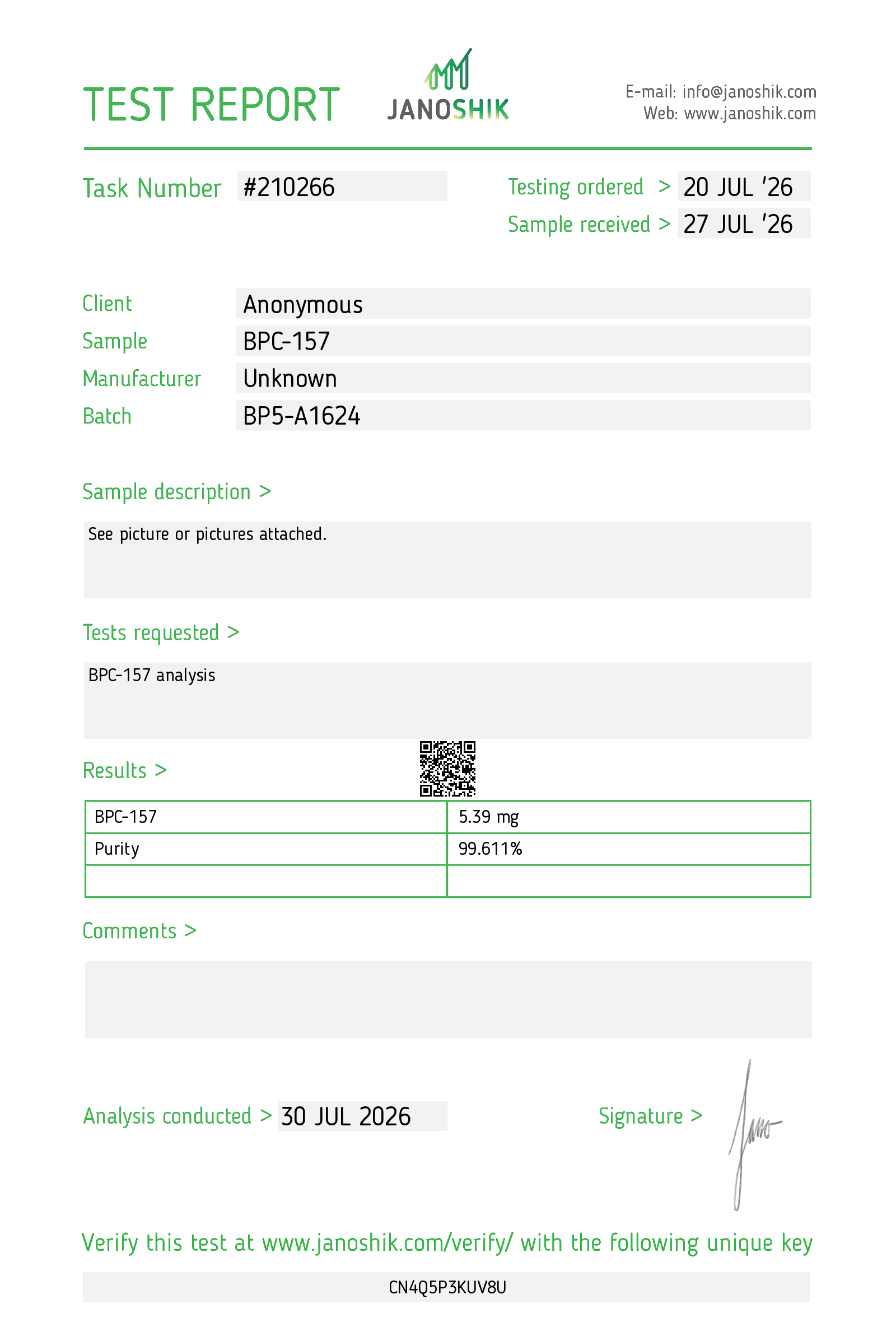 BPC-157 COA independent batch quality control report from Janoshik