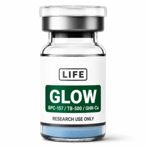 Glow blend (BPC-157 / 10 mg + TB500 / 10 mg + GHK-Cu 50 mg) lyophilized peptide vial labeled Life Peptide