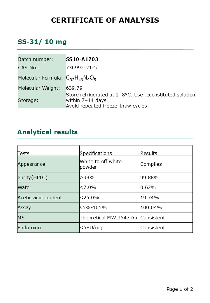 SS-31 certificate of analysis including analytical data