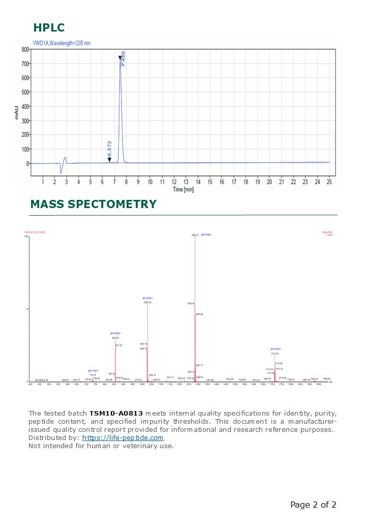 Tesamorelin HPLC and MS quality batch report